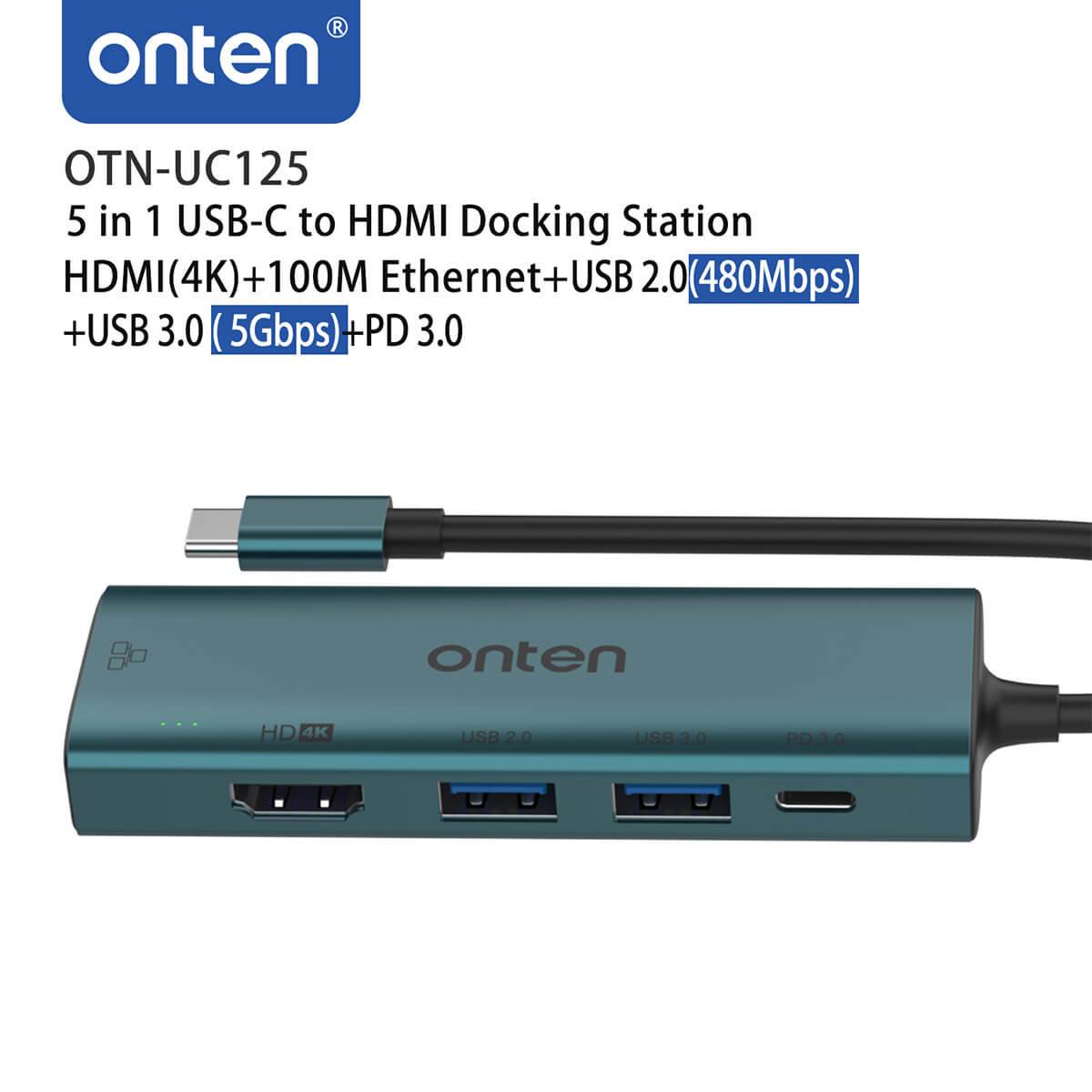 Onten UC125 5 in 1 USB-C to HDMI Docking Station showcasing HDMI 4K, USB 3.0, USB 2.0, Ethernet, and PD 3.0 ports for efficient data transfer and display output.